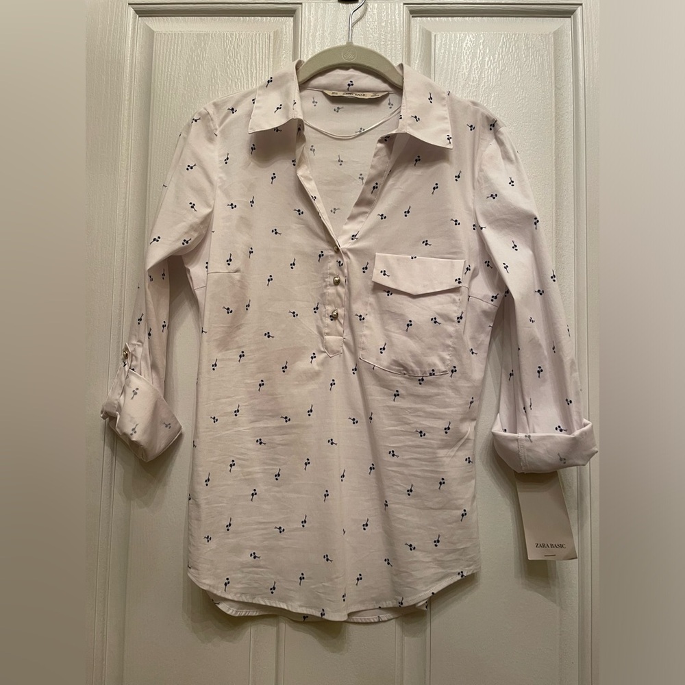Zara White Shirt with blue flower print. NWT.  Size in tag Small.  Slim fit.